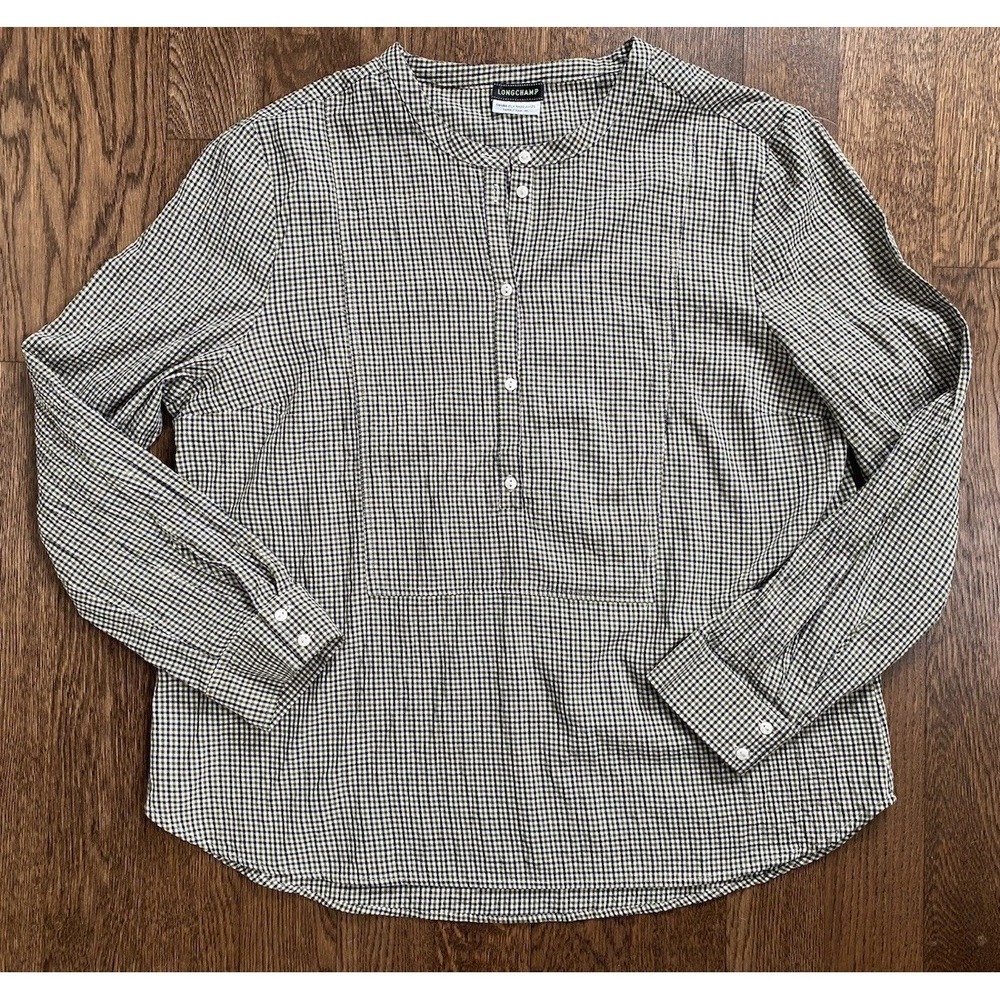 LONGCHAMP Shirt Plaid Poplin Long Sleeve Check 1/4 Button Monk Collar SZ 46 2XL